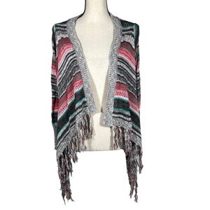 Poof Red Gray Black Open Front Knit Fringe Boho Long Sleeve Cardigan Sweater S